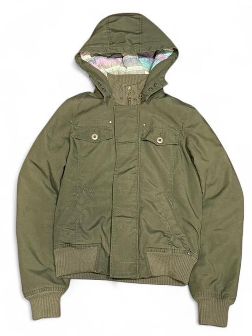 Y2K Bluenotes Utility Plaid Lined Green Cropped Bomber Jacket